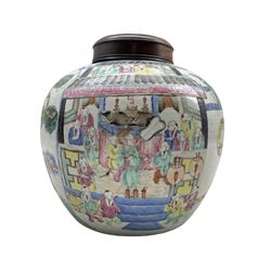 19th century Chinese Canton Famille rose vase and cover of compressed circular form, painted in bright enamels with figures on a terrace and a procession of entertainers to the reverse, on carved wood stand with pierced cover, H21cm (excluding stand and cover)
