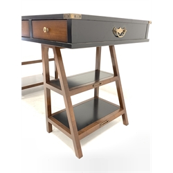 Authentic Models - 'Navigators' captains desk, leather inset top above three drawers, tapered trestle supports with shelves, W140cm, H75cm, D70cm