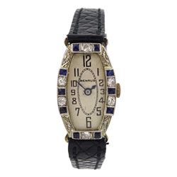 Benrus Art Deco 10ct gold ladies manual wind wristwatch, the bezel set with diamonds and synthetic sapphires, on black leather strap