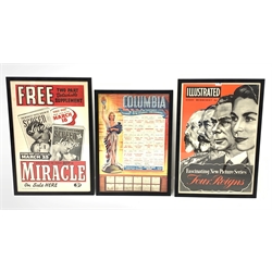 Three 1950's advertising posters: 'Four Reigns' Illustrated magazine, Columbia Pictures 1949 and Miracle Magazine, framed 55cm x 80cm