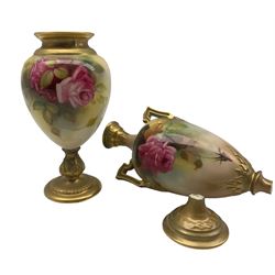 Early 20th century Royal Worcester vase, of twin handled urn form, hand painted with roses, with green printed marks beneath including shape number 247 (a/f), another vase by Mildred Hunt, hand painted with roses, signed M. Hunt, on gilt pedestal base,  with puce printed marks beneath including shape number 2260, H14.5cm (2)