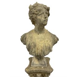 Cast stone garden female bust looking left, classical styled hair with laurel crown, on corinthian column pedestal with fluted decoration