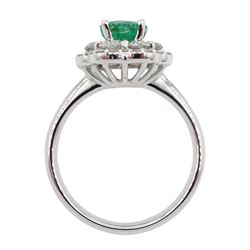 18ct white gold oval emerald and diamond cluster ring, hallmarked, emerald approx 1.20 carat