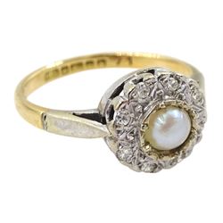 18ct gold diamond and split pearl circular ring, hallmarked