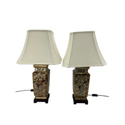 Pair of contemporary square section lamps on wooden plinths, with shades, H71cm overall 