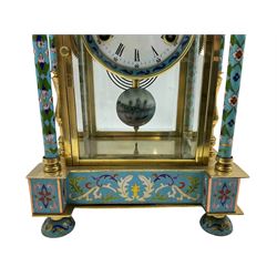 Decorative 20th  century Chinese mantle clock with blue cloisonné decoration and four bevelled glass panels, 8-day two-train spring driven striking movement striking the hours and half hours on a coiled gong, with a flat pediment surmounted by four finials and an ornamental central urn, matching full length pillars to the sides mounted on a conforming plinth on raised feet, dial with Roman numerals, five-minute Arabic's, minute markers and matching steel trefoil hands, visible pendulum with a painted bob