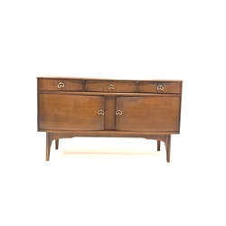 Mid century oak bow front sideboard by Harris Lebus, fitted with three drawers and two cupboards, raised on half round supports, W125cm