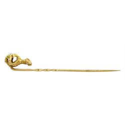 Victorian gold eagle talon claw stick pin set with a single stone old cut diamond of approx 0.40 carat, in velvet and silk lined box by F. Larrard, Saville Street