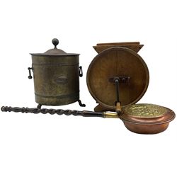 Pine butter churn, long handled brass and copper warming pan, metal lidded log bucket on raised feet max H42cm