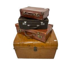 20th century scumbled tin trunk (W75cm); and three vintage suitcases 