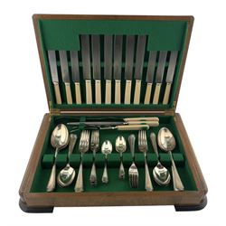 Set of plated cutlery for six covers by Frank Cobb & Co., Sheffield including bone handled knives, carvers etc in an Art Deco walnut box with presentation plaque