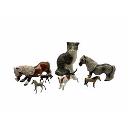 Royal Doulton porcelain Hound HN2510, two South African Shetland Ponies, Moorside studio pottery model of a seated cat H19cm and three miniature porcelain horses (7)