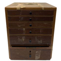 Early 20th century Dentist mahogany field cabinet, having a flush brass carry handle and six graduated drawers, enclosing an arrangement of implements, pharmaceutical bottles and tools, H31cm, D24.5cm, W25.5cm 