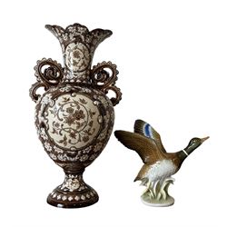 Karl Ens porcelain model of a Mallard, together with a Continental, probably German twin handled vase with relief decoration H37cm