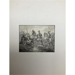 Haatje Pieters Oosterhuis (Dutch 1784-1854): Original Designs for Book Illustrations, set twenty four watercolours each signed, some dated 1825, 12.5cm x 7.8cm (24)
Notes: illustrations depicting primarily medieval war scenes and Roman Centurions with jungle, war and travel scenes; one frontispiece references 'La Fontaine Florian and another depicting a naval battle. Many of Oosterhuis' illustrations were created for kinderboeken (children's books), and his works can be found in Dutch museums such as the Rijks. 
