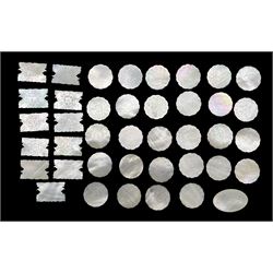 19th century Chinese mother-of-pearl gaming tokens comprising eleven of rectangular, one oval and twenty-eight circular tokens (4)