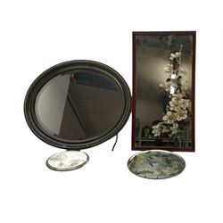 Upright wall mirror painted with birds and blossom, two similar circular stands and an oval wall mirror