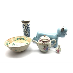 Chinese pillow in the form of a kneeling figure L33cm, Chinese crackleware cylindrical vase H26cm, Chinese teapot, Oriental bowl and a small vase