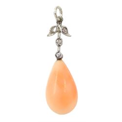 Early 20th century platinum pink coral and diamond chip pendant