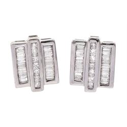 Pair of 14ct white gold baguette and round brilliant cut diamond stud earrings, hallmarked
