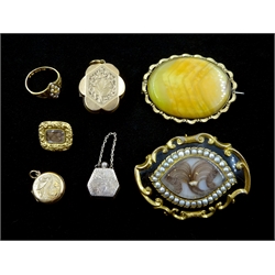 Victorian jewellery including 15ct gold split seed pearl and diamond marquise shaped mourning ring, Birmingham 1872, gilt enamel and pearl mourning brooch, the reverse inscribed and dated '1850 & 1858', one other mourning brooch, agate brooch, gilt locket and a later 9ct gold locket hallmarked (7)