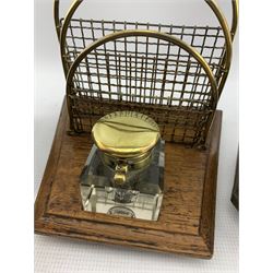 George III mahognay tea caddy, of rectangular form, the hinged cover opening to reveal three lidded compartments, on ogee bracket feet L24cm, Eastern canted brass spice box, treen apothocary jar with internal glass bottle and an Edwardian oak and brass desk stand with glass inkwell and letter rack (4)