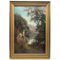 D Lawrence (British early 20th century): Lake Scene with Trees, oil on canvas signed 75cm x 50cm