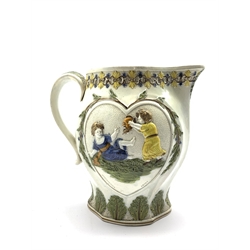 Pratt ware jug, circa 1795-1800, decorated in the Mischievous Sport and Sportive Innocence pattern, with two heart-shaped reserves portraying two children at play, within acanthus leaf and garland borders, H22cm 