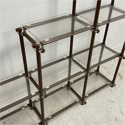 1960s/70s display stand, metal pole framed with chrome connecting brackets, fitted with perspex shelves