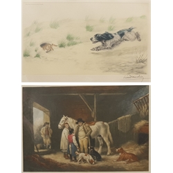 Léon Danchin (French 1887-1939): Chasing the Rabbit, colour lithograph signed in pencil pub. 1938, 30cm x 47cm, and an early 20th century mezzotint of a stable scene indistinctly signed in pencil 33cm x 46cm (2)