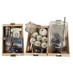 Three vintage telephones, reel tape recorder, Coronet Model B camera, vintage trays, set of six studio pottery goblets, metal light fittings and accessories cutlery etc in three boxes