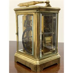 Late 19th century brass repeating carriage clock, white enamel dial with Roman numeral chapter ring, eight day movement striking the hours hammer on coil, W10cm H15cm