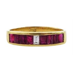 18ct gold channel set rectangular cut ruby and baguette cut diamond half eternity ring, stamped
