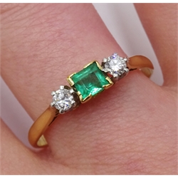 18ct gold three stone emerald and diamond ring 