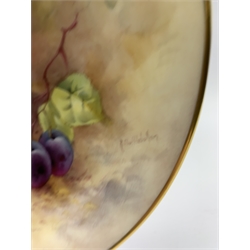 Royal Worcester porcelain fruit painted tea plate by John Smith of gadroon edged shaped circular form, D15cm together with a Minton fruit painted plate 'Apricots' by Roger Shuttlebotham D23cm (2)