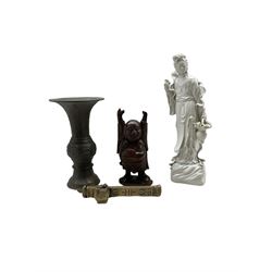 Islamic bronze scribe box with inkwell and pen/quill store, L22cm, Chinese blanc de chine figure of Guanyin, carved Buddha together with a Chinese bronze gu form vase (4)