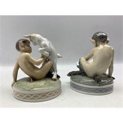 Two Royal Copenhagen figures 'Faun with Goat' no. 498 and 'Faun with Rabbit' no. 439, both designed by Christian Thomsen, H13cm max