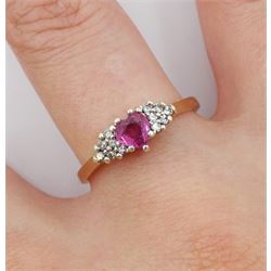 9ct gold heart shaped ruby and round brilliant cut diamond cluster ring, hallmarked