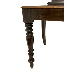 19th century oak hall chair, shaped foliate wing back with scrolling, raised on turned and lappet carved supports