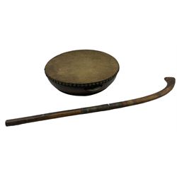 Hardwood tambourine with ray skin panel and an Indian stick with wire wound decoration