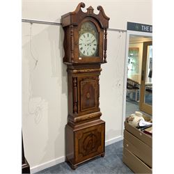 Mid 19th century walnut, rosewood and marquetry eight day longcase clock, the painted white enamel dial with subsidiary seconds ring, Roman chapter ring, inscribed 'S Moses, B. Auckland' striking hammer on bell H230cm