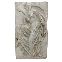 Marble effect relief wall plaque of Athene Nike removing her sandals, after the balustrade slab from the temple of Athene Nike in Athens