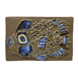 Nils Thorsson for Royal Copenhagen Aluminia, Faience rectangular tray decorated with fish, numbered 807/3445, 31cm x 23.5cm 