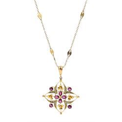 Edwardian gold pink/purple stone set pendant, on gold fancy link chain necklace, all 9ct stamped or tested
