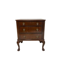 20th century mahogany chest, fitted with three graduated drawers, raised on ball and claw feet 