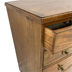 Regency mahogany bow front chest, the top with ebony and satinwood stringing, fitted with four cockbeaded drawers with brass pull handles and bone escutcheons, on bracket feet, the top drawer with paper label inscribed ‘Snowdon & Son, joiners and cabinet-makers, near the church, Northallerton’