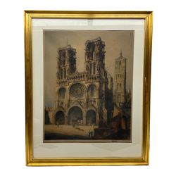 William Monk (British 1863-1937): Laon Cathedral, etching with hand colouring signed 66cm x 53cm