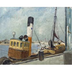 EM Jackson (British mid-20th century): Harbour Scene with Moored Boats, oil on canvas signed, indistinctly inscribed verso 46cm x 55cm