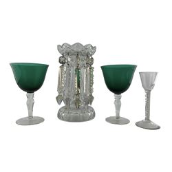 19th/ early 20th century cut glass table lustre H25cm, 18th century style wine glass with opaque twist stem and domed foot, together with a pair of goblets with green glass bowl and clear stems (4)