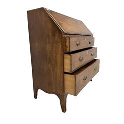19th century mahogany bureau, the fall front opening to reveal fitted interior with drawers and pigeon holes, over three graduated cock beaded drawers and shaped apron, raised on splayed supports W102cm, H110cm, D50cm 